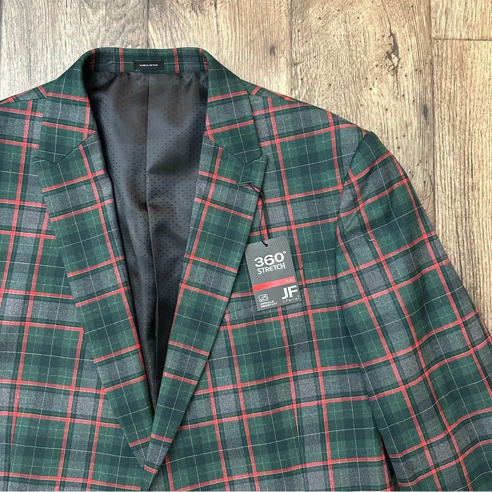 JF J Ferrar Sports Coat Slim Suit Jacket Men's XL 46/48 R Plaid Red Green